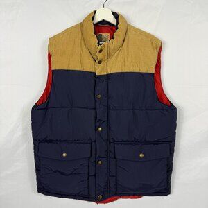North Coast Puffer Vest Mens Size XL Navy Blue Tan Corduroy Full Zip Snap Pocket